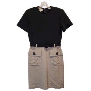 Vintage Evan Picone Black Tan Flax Blend Dress with Belt/Fish Buttons Size 8P
